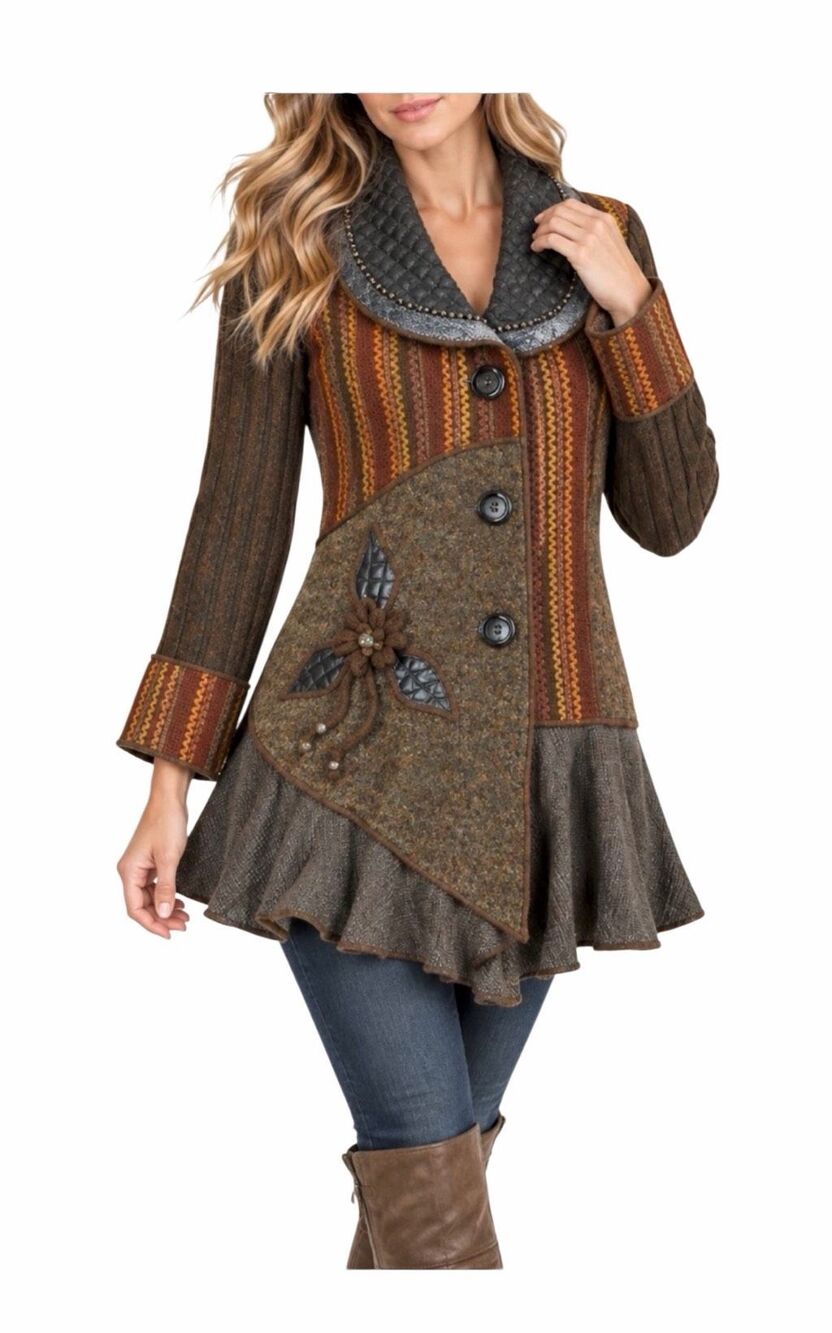 The Pyramid Collection Mixed Fabric Sweater Jacket Sequin Striped BOHO XL NEW